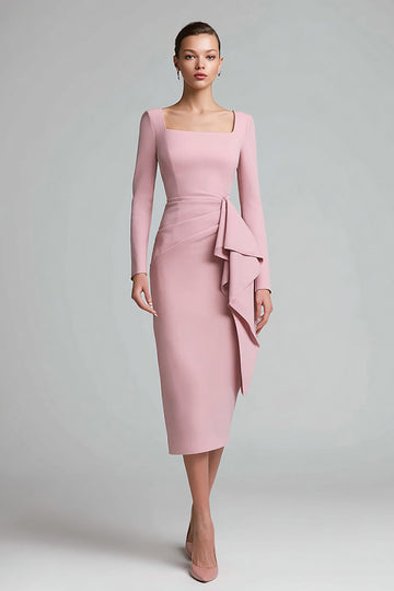 Pink Pencil Long Sleeve Work Dress With Sash